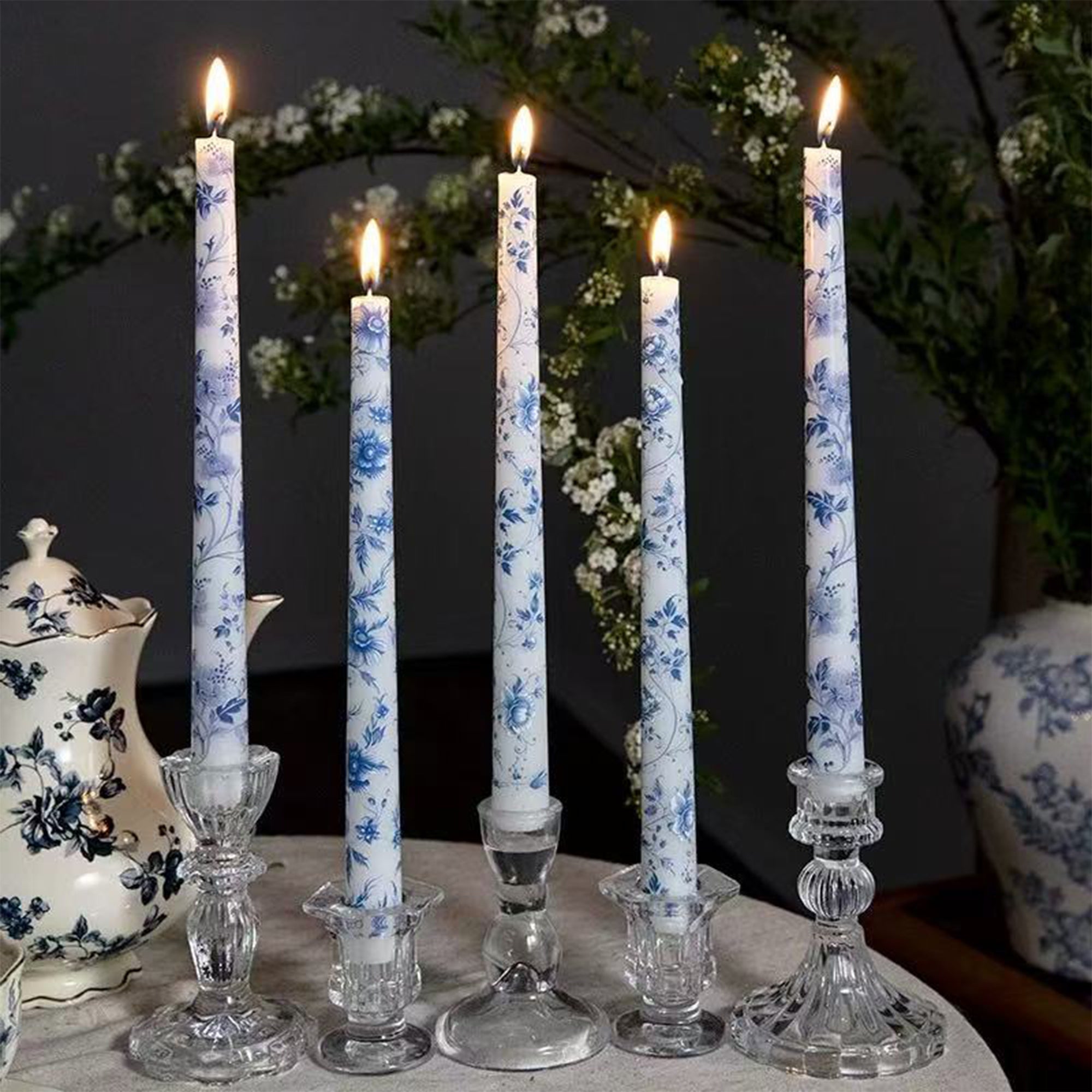 Blue Porcelain Taper Candle Set – 8pcs / 4 Designs