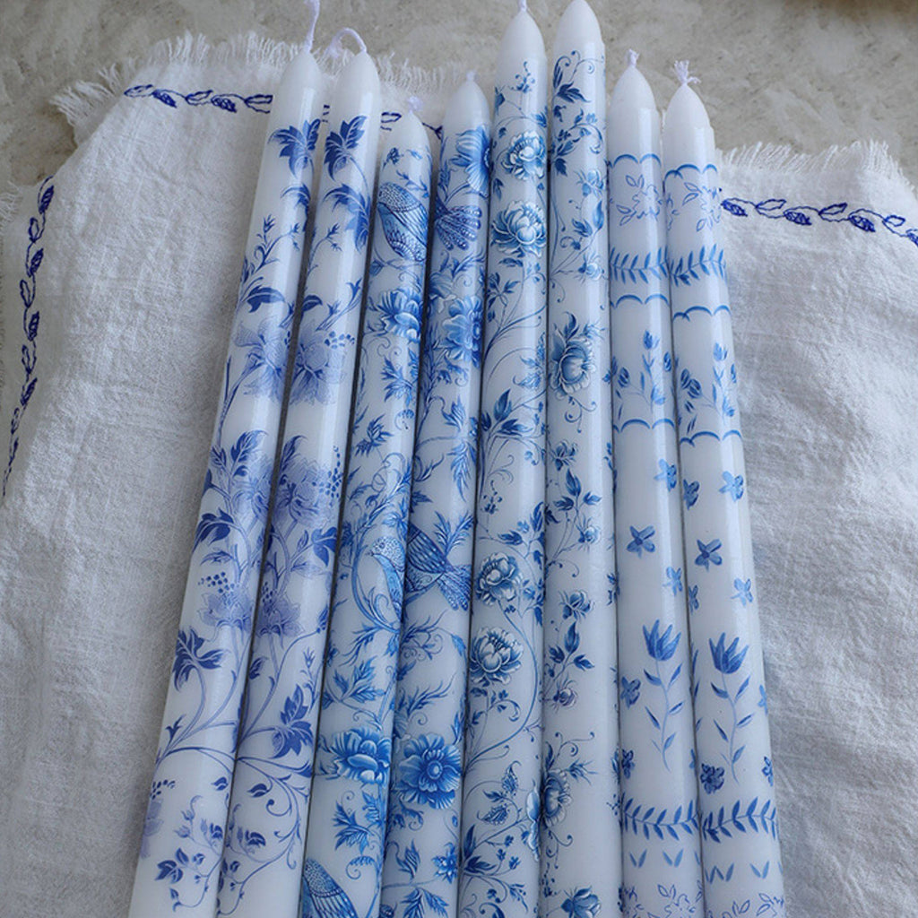 Blue Porcelain Taper Candle Set – 8pcs / 4 Designs