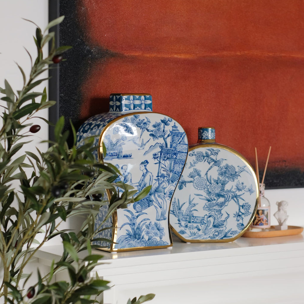 Chinese Ink Painting with Gold Trim Porcelain Vase