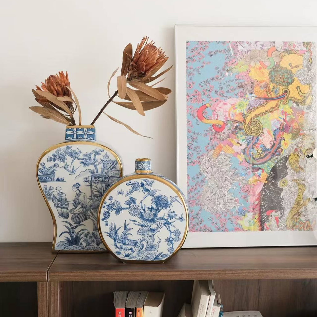 Chinese Ink Painting with Gold Trim Porcelain Vase