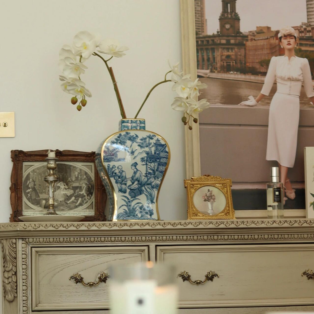 Chinese Ink Painting with Gold Trim Porcelain Vase