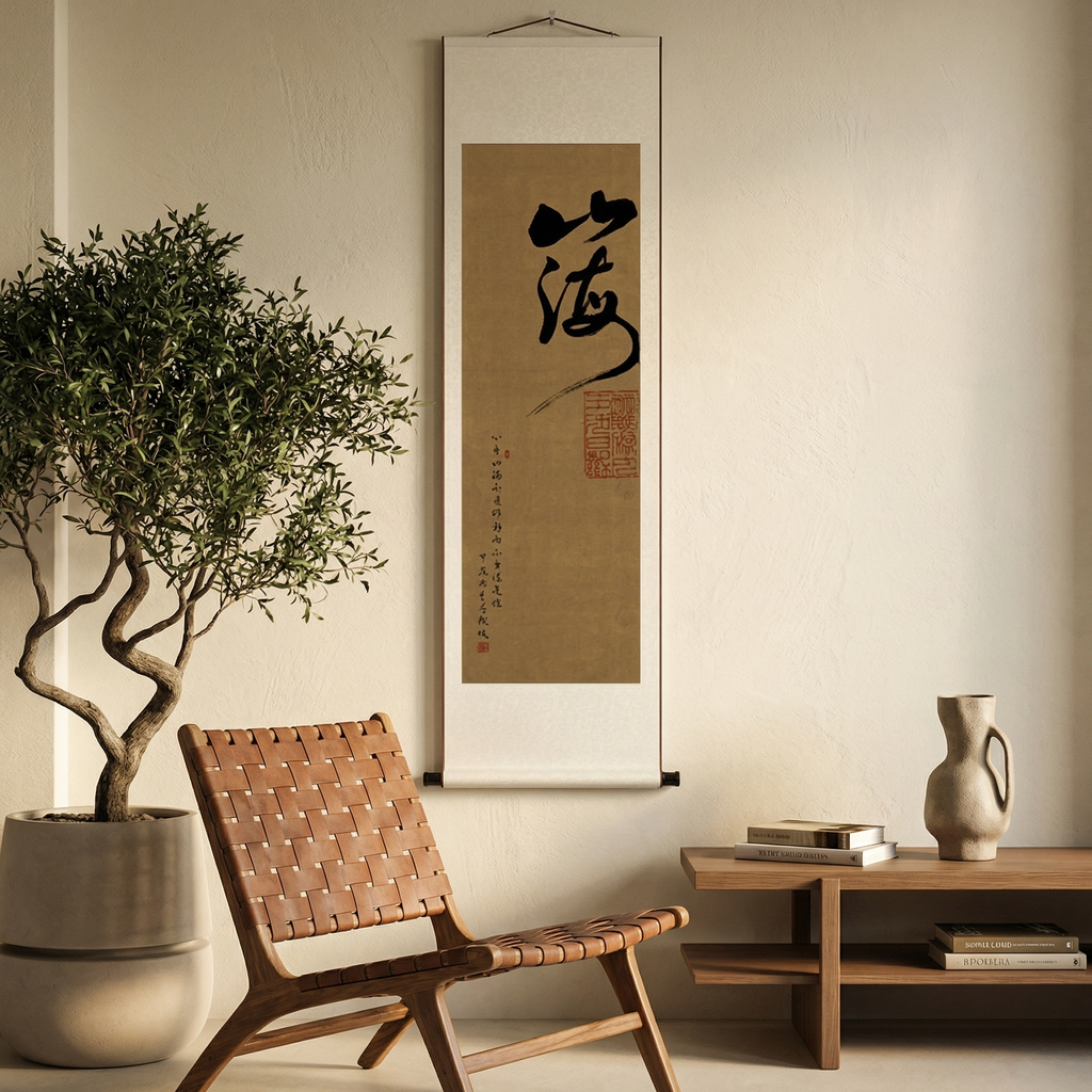 Zen Inspired Calligraphy Art Scroll - Original Hand-painted Wall Decor - Mountain and Sea