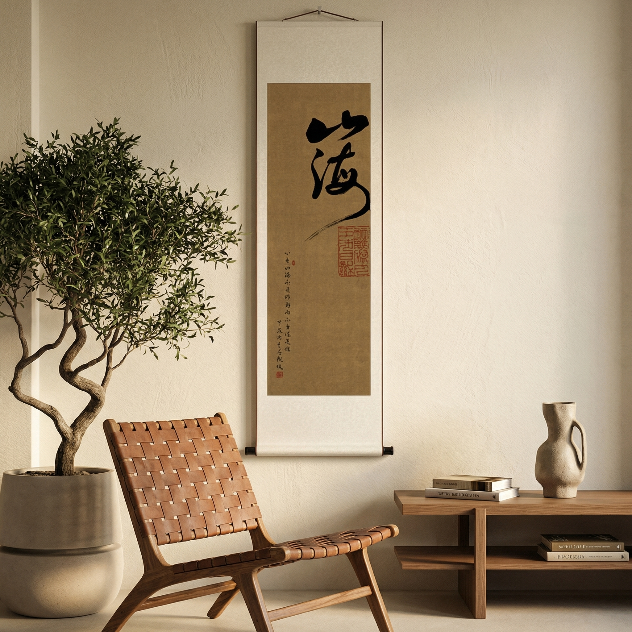 Zen Inspired Calligraphy Art Scroll - Original Hand-painted Wall Decor - Mountain and Sea