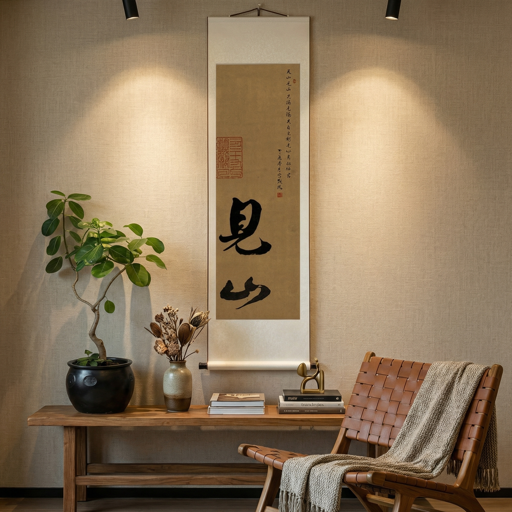 Zen Inspired Calligraphy Art Scroll - Original Hand-painted Wall Decor - Mountain and Sea