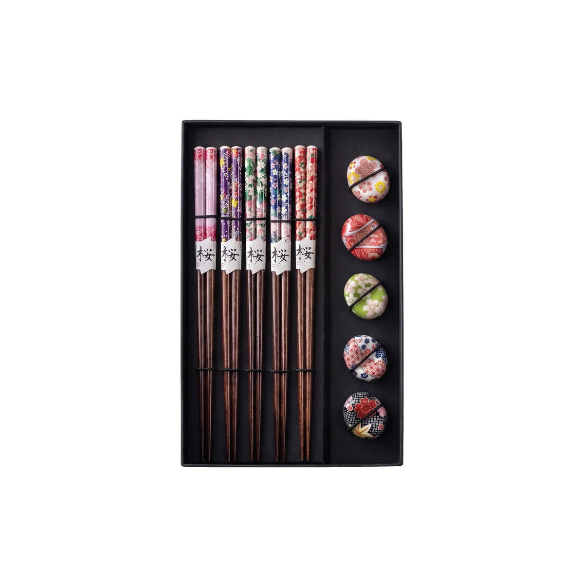 Mosaic Floral 5-Pair Chopstick Set with Ceramic Rests