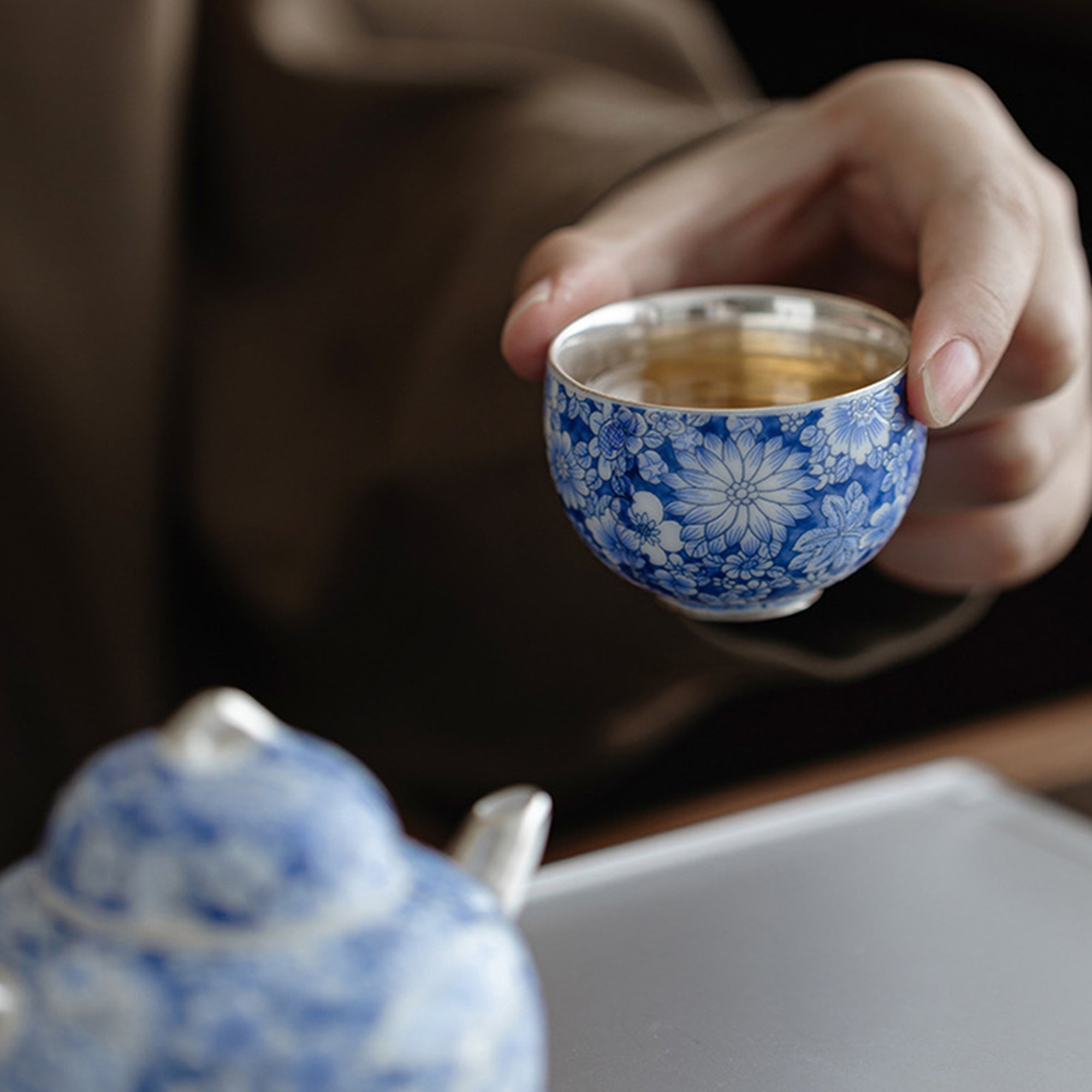 Blue and White Silver-Gilded Tea Set