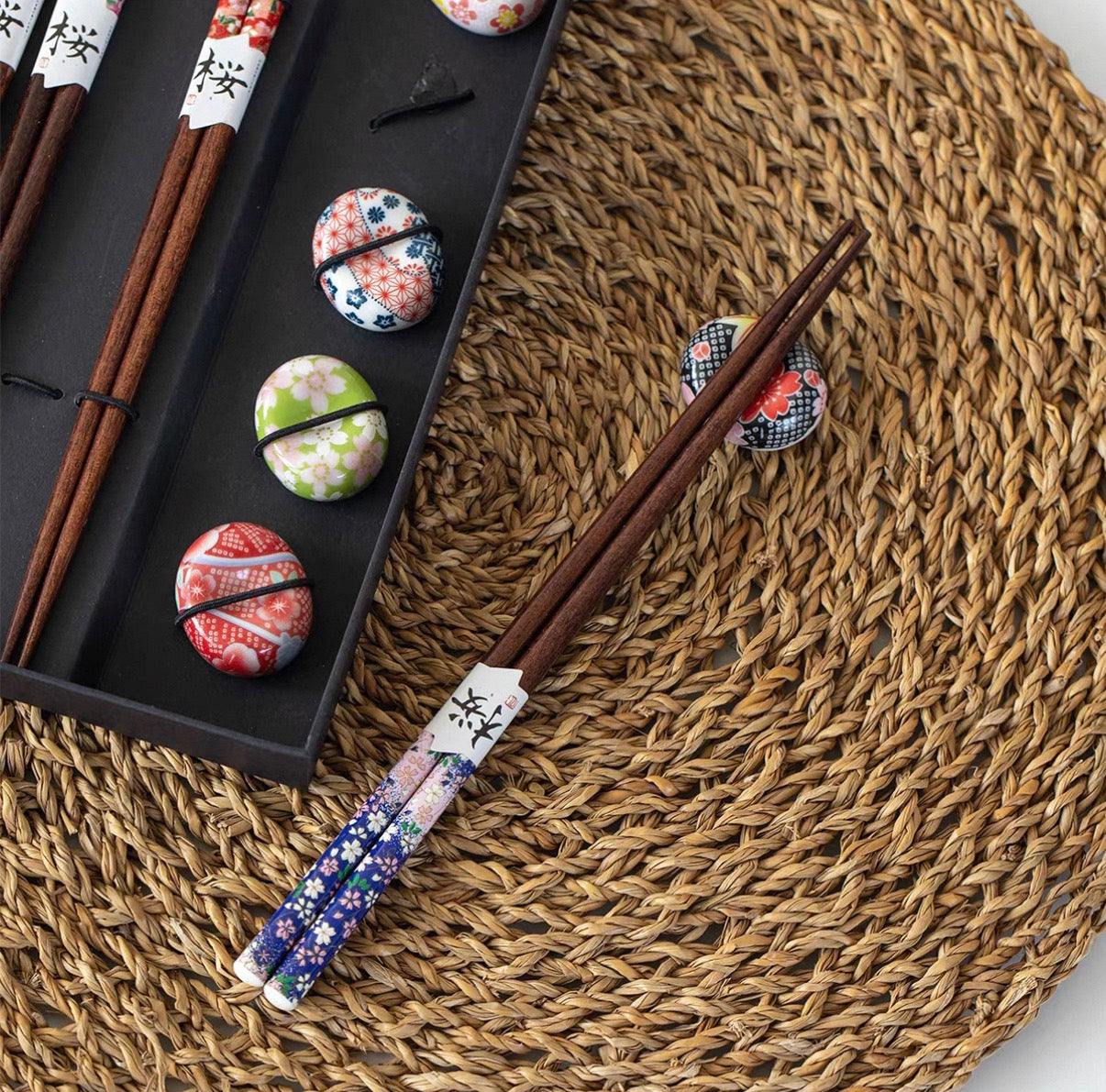 Mosaic Floral 5-Pair Chopstick Set with Ceramic Rests