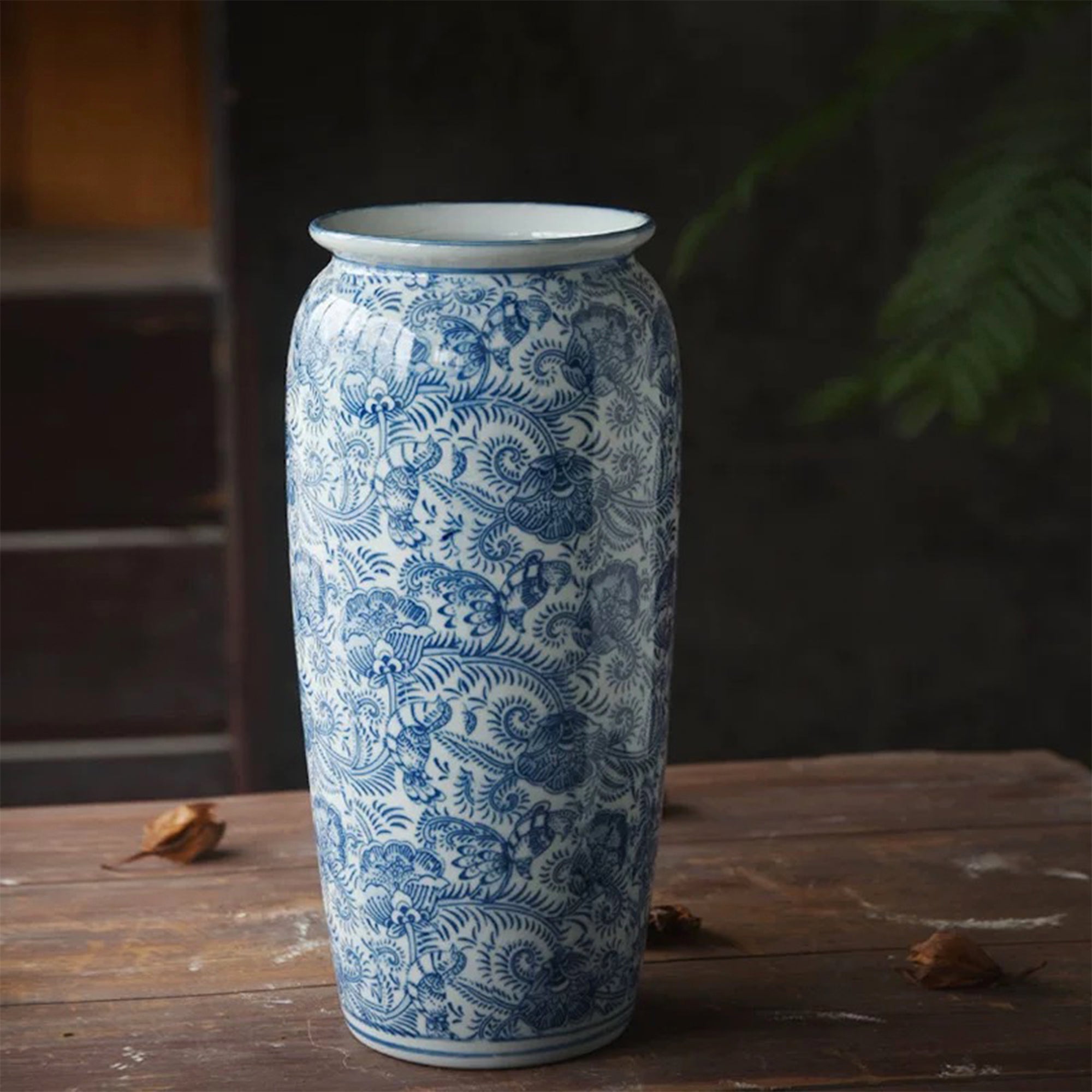 Zen-Inspired Blue and White Porcelain Wide-Mouthed Vase