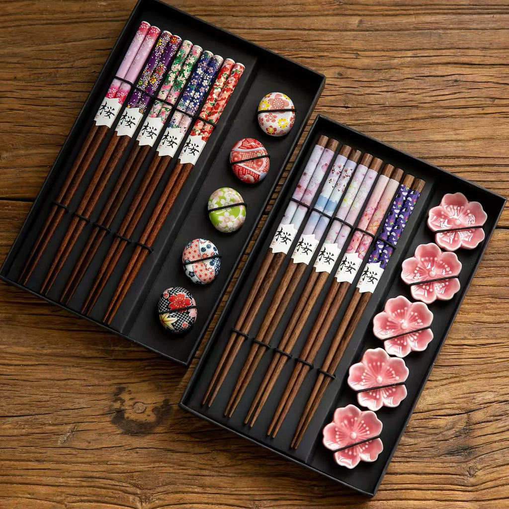 Sakura Blossom 5-Pair Chopstick Set with Ceramic Rests